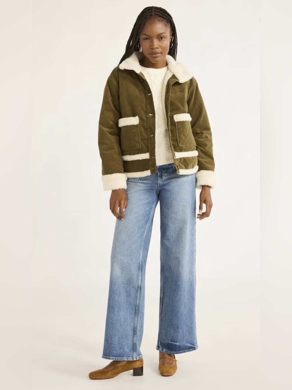 NWT Olive Corduroy Teddy-Trim Coat with Cream Sherpa - Sz Med